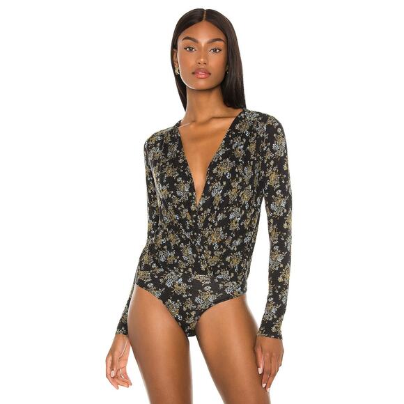 Free People Intimately Womens S Bodysuit Floral Long Sleeves Turnt Black Green - Picture 1 of 8